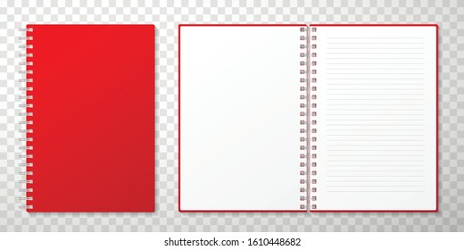 Closed and opened notebooks vector realistic illustration. Empty spiral notepads with red cover and lined sheets. Stationery, 3d blank sketchpads isolated on transparent background