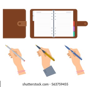 Closed and opened organizers, human hands holding pen, pencil. Flat concept illustration of business diary, planner with leather cover, man and woman hand with writing tools. Vector isolated on white.