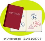 Closed and opened passports in cartoon style illustration