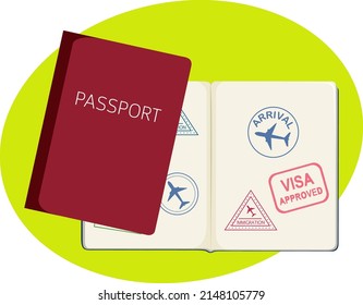 Closed and opened passports in cartoon style illustration