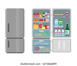 Closed and opened refrigerator full of food. Vector illustation.