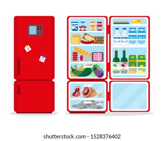 Closed and opened refrigerator full of food. Vector illustation.