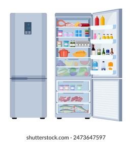 Refrigerador Cerrado Y Abierto Lleno De Comida y bebida. Comida saludable en helado refrigerador vegetales jugo de carne filetes de productos de supermercado. Ilustración vectorial en estilo plano.