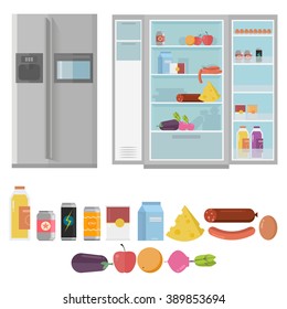 Closed and Opened Refrigerator Full Of Food and Drinks.Flat Vector Illustration