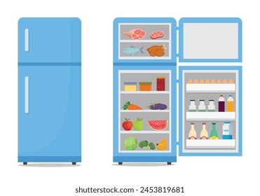 Closed and opened refrigerator with shelves full of healthy food, fruits and vegetables and beverages