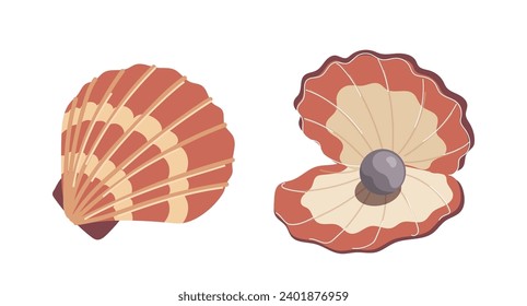 Closed, opened scallop seashell with lustrous black pearls vector illustration set isolated on white
