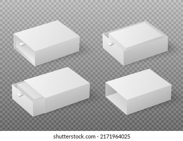 Closed and opened slide boxes set, realistic 3d vector illustration isolated on transparent background. Collection of gift containers with ribbon to pull out. Mockup design of package.