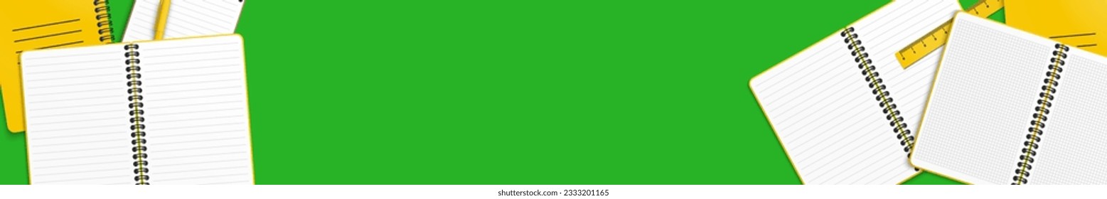 Closed and opened yellow notebook or notepad and yellow ball-point pen with copy space for your text. Minimalist vector illustration as back to school background. Green background. Top view, flat lay.