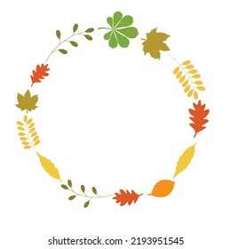 closed oval circle Border Frame of colored autumn maple leaves falling isolated on white background with copy space, top view flat lay