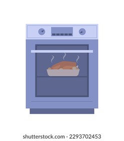 Closed oven with chicken concept. Turkey with steam. Gas and electric appliance. Equipment with display and timer. Template, layout and mock up. Cartoon flat vector illustration