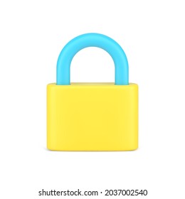 Closed padlock 3d icon. Yellow lock with blue steel shackle. Protection and confidentiality information and property. Locked password and personal web account security. Vector isolated realism.