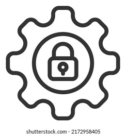 Closed padlock in gear - vector sign, web icon, illustration on white background, outline style