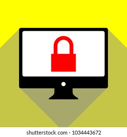 Closed Padlock icon. Locked. Vector. Red icon on white monitor of black all-in-one desktop computer with two shadows at yellow background.