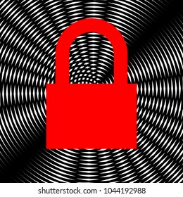 Closed Padlock icon. Locked. Vector. Red icon on white and black radial interference as background.