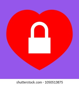 Closed Padlock icon. Locked. Vector. White icon in red heart at lavender background.