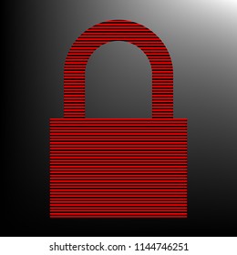 Closed Padlock icon. Locked. Vector. Striped red and black icon at gradient blackish background. Zebra.