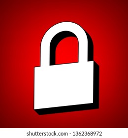Closed Padlock icon. Locked. Vector. Perspective view of white icon with black outline at reddish background.