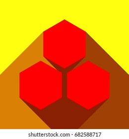 Closed Padlock icon Locked. Vector. Red icon with two flat reddish shadows on yellow background.