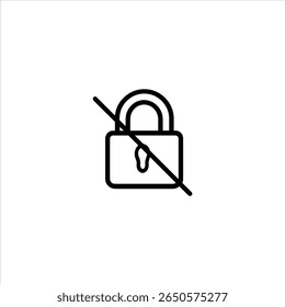 A closed padlock intersected by a single diagonal line from top left to bottom right. Designed in a minimalist, flat 2D vector style.