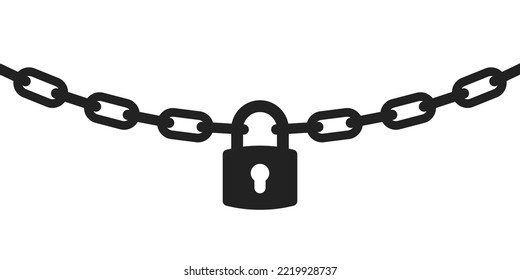 Closed padlock and metal chain icon concept of protection. Vector illustration isolated on white.