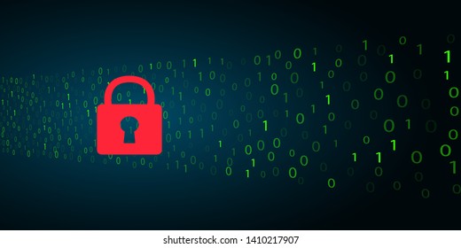 Closed Padlock on binary code digital technology background. Safety concept of cyber security.