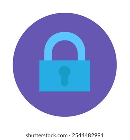 Closed padlock on round purple sticker icon. Protection and privacy of personal data on network element. Simple flat vector isolated on white background