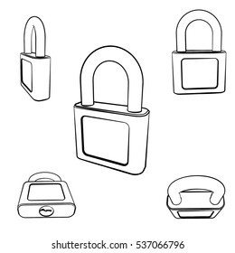 Closed padlock set.Isolated on white background. Vector outline illustration.