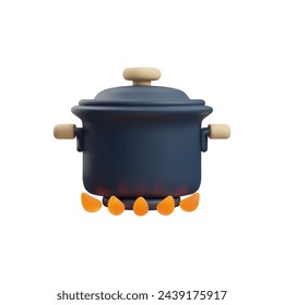 Sartén cerrada al fuego, cocina estilo 3D, ilustración vectorial aislada sobre fondo blanco. Elemento de diseño decorativo, utensilio para hacer sopa y cocinar alimentos