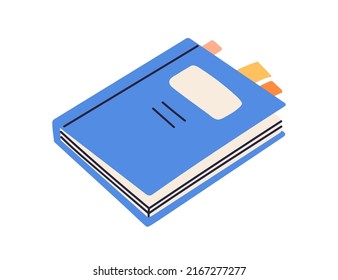 Closed paper book with bookmarks sticking out. Knowledge literature. School textbook for studying, reading. Academic schoolbook. Flat vector illustration of diary, planner isolated on white background