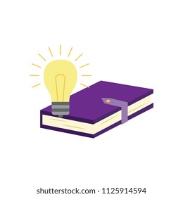 Closed paper book or diary with violet hardcover and clasp and luminous light bulb isolated on white background - element of education or business idea concept in flat vector illustration.