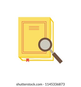 Closed paper book or diary with yellow hardcover and red bookmark and magnifier isolated on white background - literature for education or reading leisure concept in flat vector illustration.