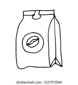 Closed paper craft bag for roasted coffee beans for delicious coffee. Doodle. Hand drawn vector illustration. Outline.