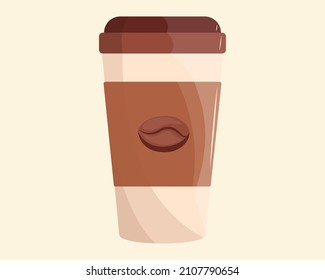 Closed paper cup for coffee, with coffee bean logo, vector illustration.