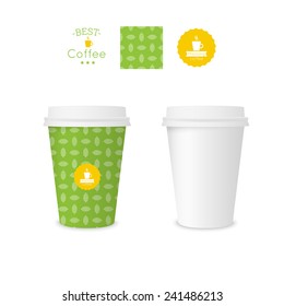 Closed paper cup for coffee with texture. Sample seamless pattern.  Mock up