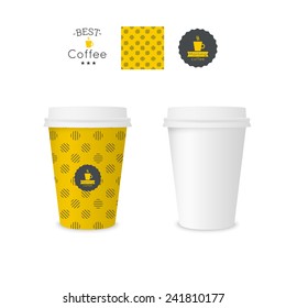 Closed paper cup for coffee with texture. Sample seamless pattern.  Mock up