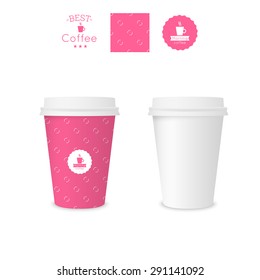 Closed paper cup for coffee with texture. Sample seamless pattern.