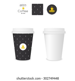 Closed paper cup for coffee with texture. Sample seamless pattern.
