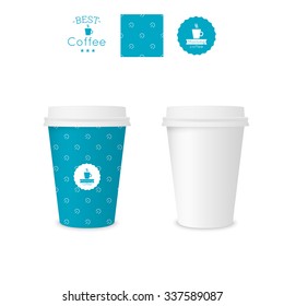 Closed paper cup for coffee with texture. Sample seamless pattern.