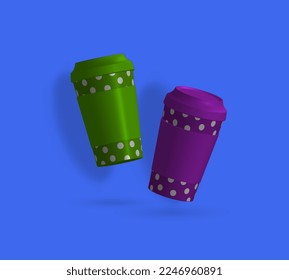 closed paper cup. green and purple with white circle pattern. Front View Mockup Design Template. 3d vector realistic illustration.