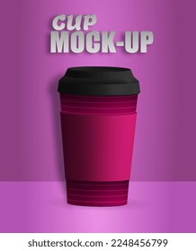 closed paper cup. Pink Plastic Cup with Cover, Front View Mockup Design Template. 3d vector realistic illustration