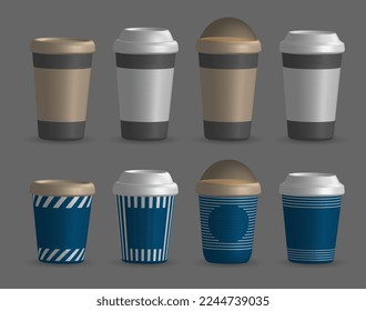 closed paper cup set. Collection of Plastic Cups with Covers, Front View Mockup Design Templates. Editable 3d vector realistic illustration