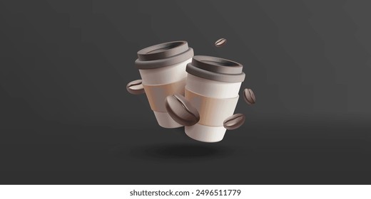 Closed paper cups with coffee and coffee beans, 3D. Dark luxury banner for advertising hot coffee drinks. Vector illustration.