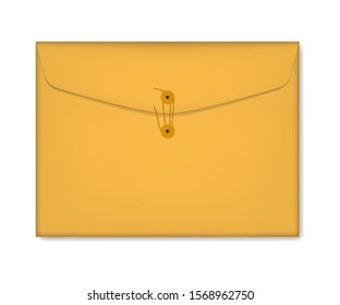 Closed paper envelope file folder with string closure, realistic illustration. Business document cover for projects, reports and other, vector mockup for corporate design.