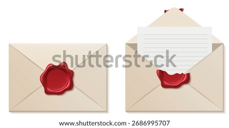 Closed paper envelope with wax seal. Open post letter. Broken stamp. Postal correspondence. Postcard page. Paper mail back view. Postage paraffin blank badge. Vector isolated realistic objects set