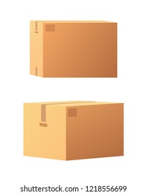 Closed parcel 3D isometric icons vector isolated. Rectangular packaging box mockups with adhesive tape signs. Shipping storage for goods shopping