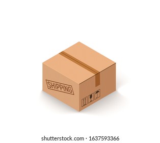 Closed parcel cardboard box isolated on white isometric vector illustration