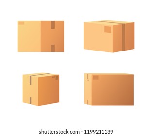 Closed parcel icons from side, back and front view vector isolated. Rectangular packages box mockups, 3D isometric signs. Shipping storage for goods shopping