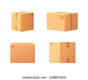 Closed parcel icons from side, back and front view vector isolated. Rectangular packages box mockups, 3D isometric signs. Shipping storage for goods shopping