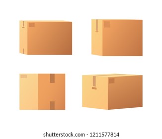 Closed parcel icons from side, back and front view vector isolated. Rectangular packages box mockups, 3D isometric signs. Shipping storage for goods shopping