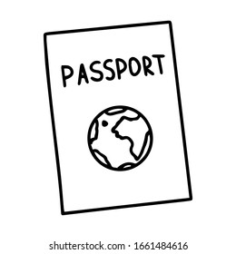 Closed passport with a globe on the cover. Black and white vector illustration in doodle style. Personal document. Design element. For travel. Simple outline drawing by hand and isolated on white